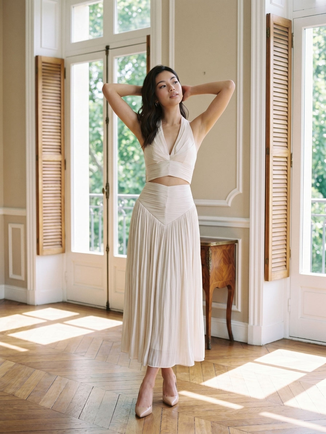 White Matte Satin A-Line V-Neck Back Zip Ankle-Length Formal Dress with Pleating - Curvevia