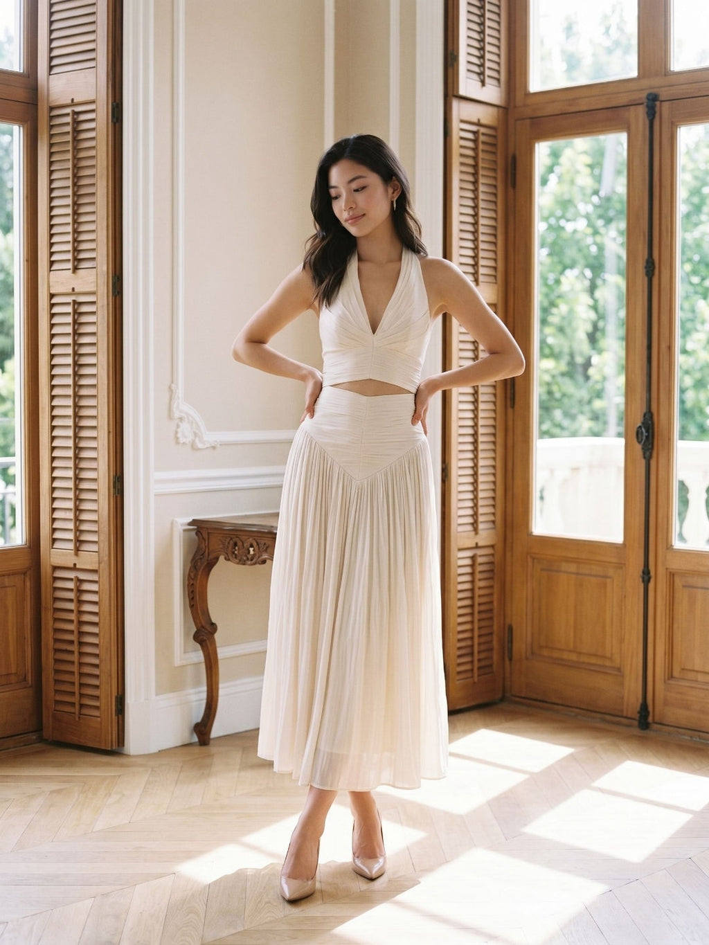 White Matte Satin A-Line V-Neck Back Zip Ankle-Length Formal Dress with Pleating - Curvevia