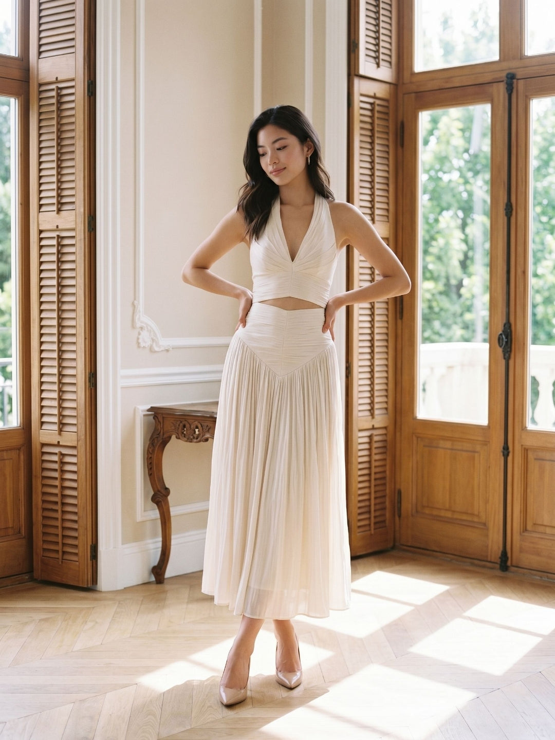 White Matte Satin A-Line V-Neck Back Zip Ankle-Length Formal Dress with Pleating - Curvevia