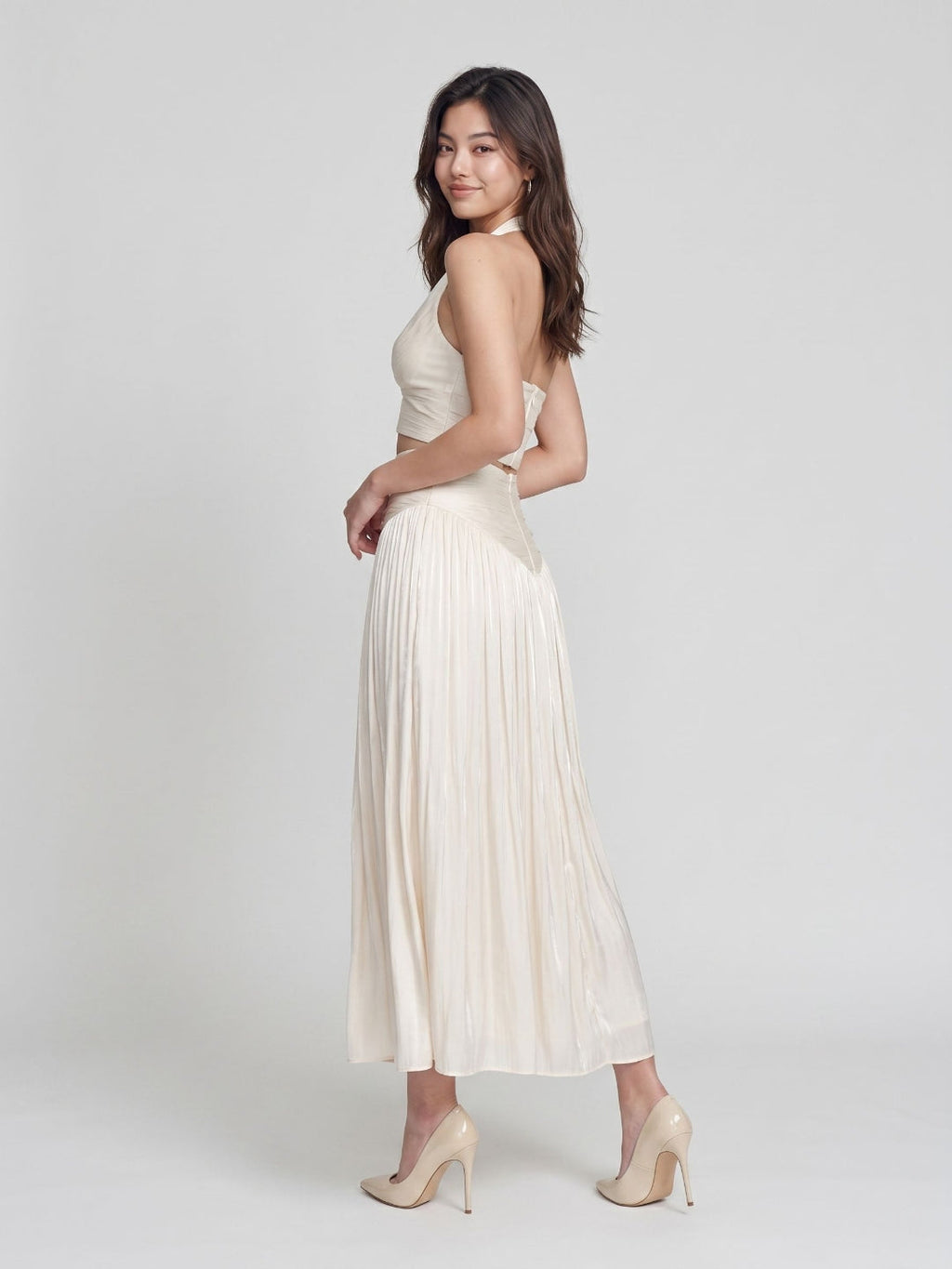 White Matte Satin A-Line V-Neck Back Zip Ankle-Length Formal Dress with Pleating - Curvevia