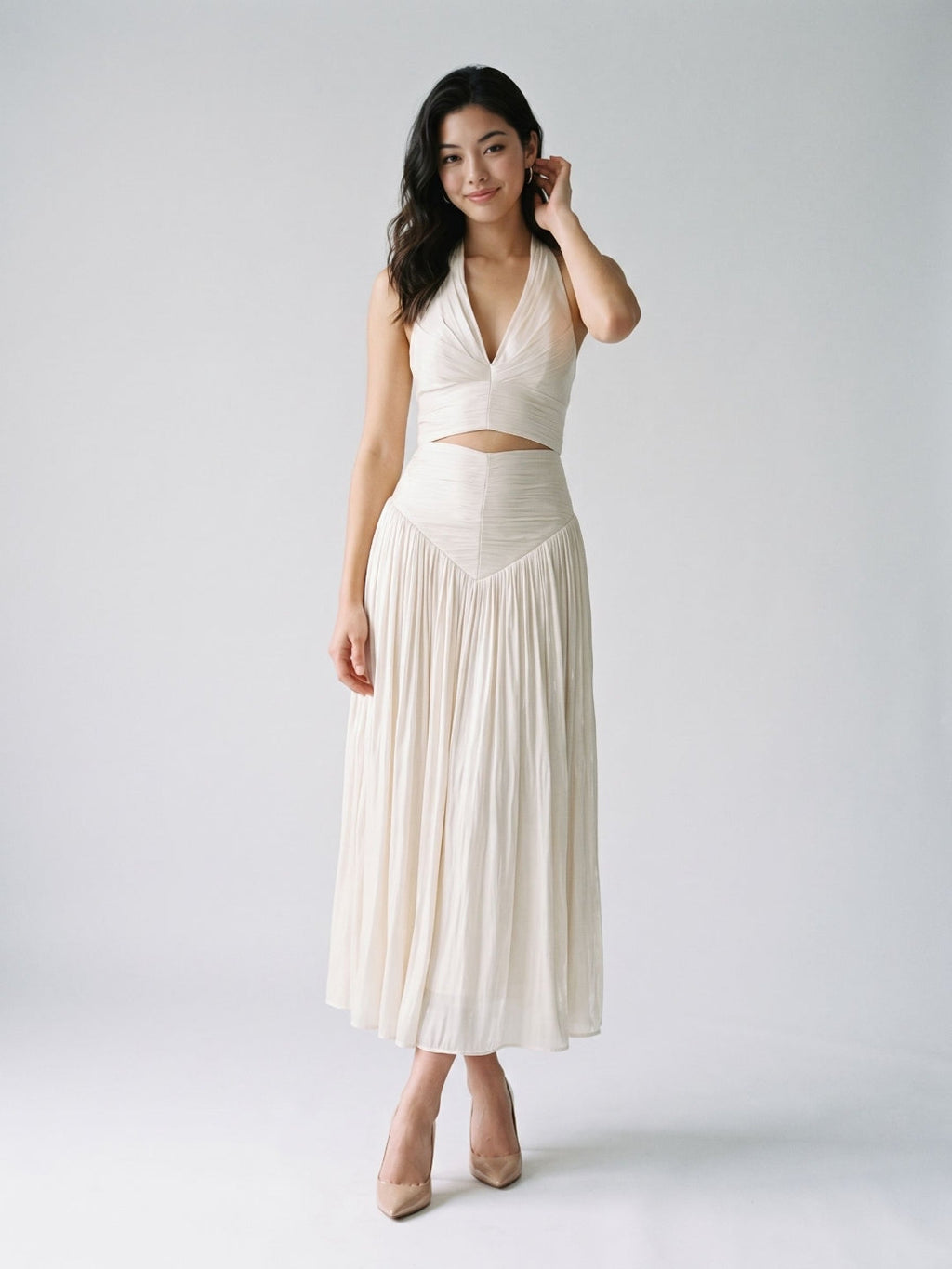 White Matte Satin A-Line V-Neck Back Zip Ankle-Length Formal Dress with Pleating - Curvevia