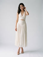 White Matte Satin A-Line V-Neck Back Zip Ankle-Length Formal Dress with Pleating - Curvevia