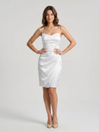 White Matte Satin Sheath Cowl Neck Lace-Up Back Knee-Length Dress with Pleating - Curvevia