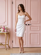 White Matte Satin Sheath Cowl Neck Lace-Up Back Knee-Length Dress with Pleating - Curvevia