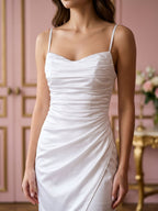 White Matte Satin Sheath Cowl Neck Lace-Up Back Knee-Length Dress with Pleating - Curvevia