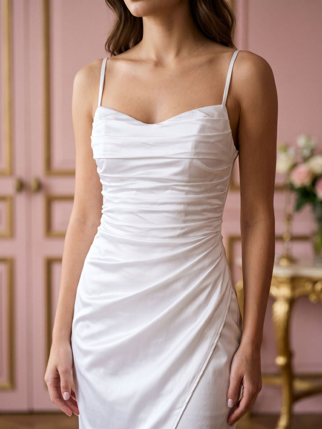 White Matte Satin Sheath Cowl Neck Lace-Up Back Knee-Length Dress with Pleating - Curvevia