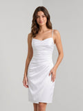 White Matte Satin Sheath Cowl Neck Lace-Up Back Knee-Length Dress with Pleating - Curvevia