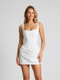 White Matte Satin Sheath Square Neck Corset Back Short Dress with Pleating - Curvevia