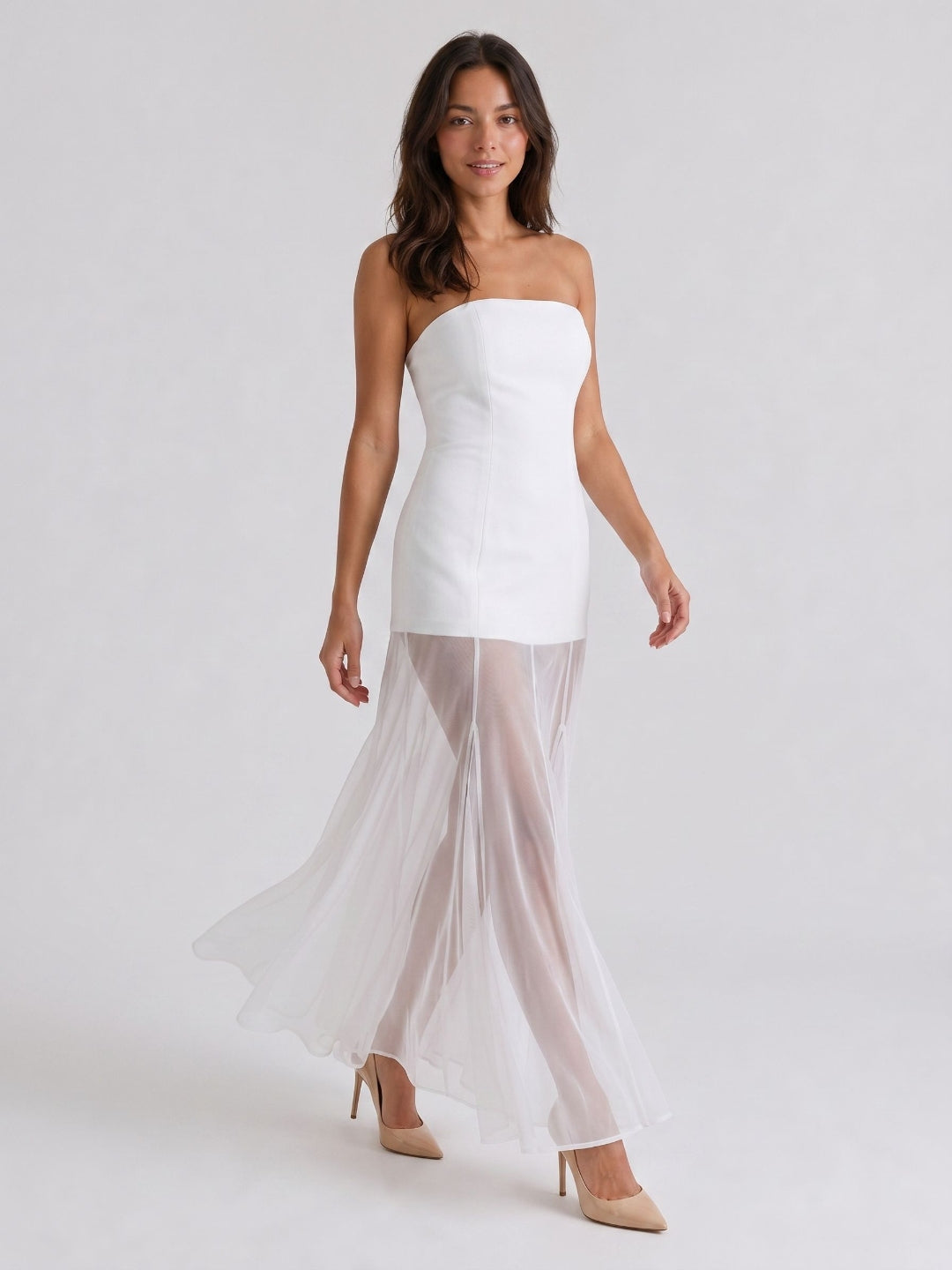 White Matte Satin Sheath Straight Neck Back Zip Floor-Length Evening Dress - Curvevia