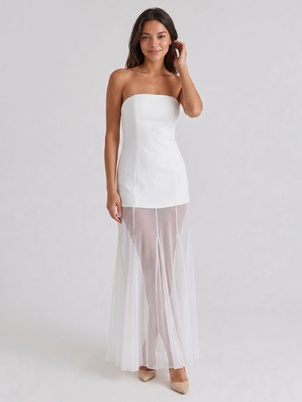 White Matte Satin Sheath Straight Neck Back Zip Floor-Length Evening Dress - Curvevia