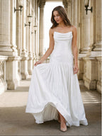 White Matte Satin Sheath Straight Neck Backless Floor-Length Bridesmaid Dress with Bow - Curvevia