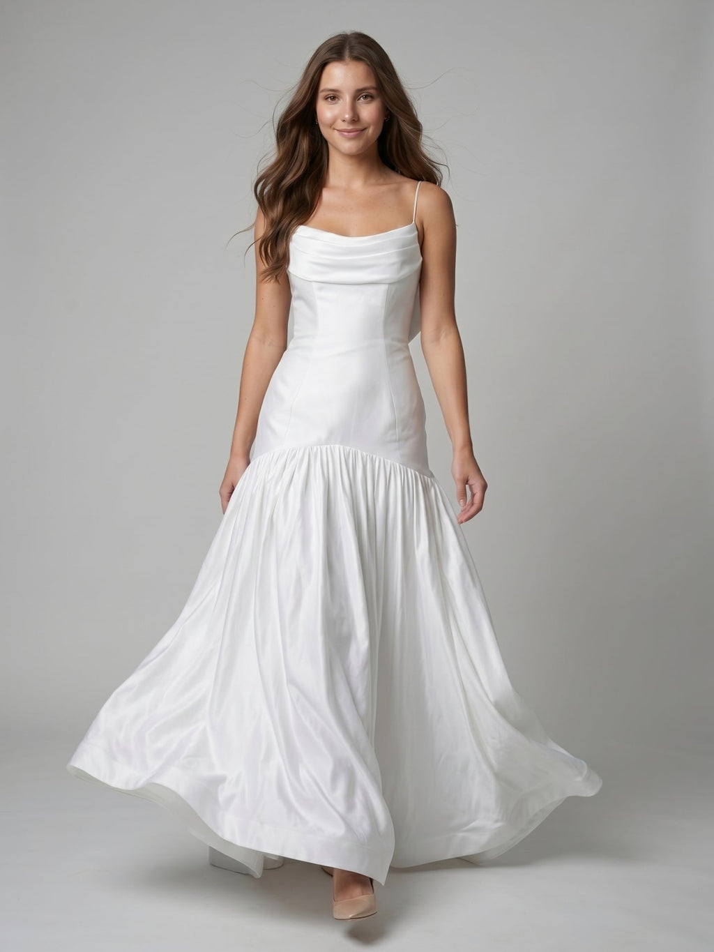 White Matte Satin Sheath Straight Neck Backless Floor-Length Bridesmaid Dress with Bow - Curvevia