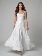 White Matte Satin Sheath Straight Neck Backless Floor-Length Bridesmaid Dress with Bow - Curvevia
