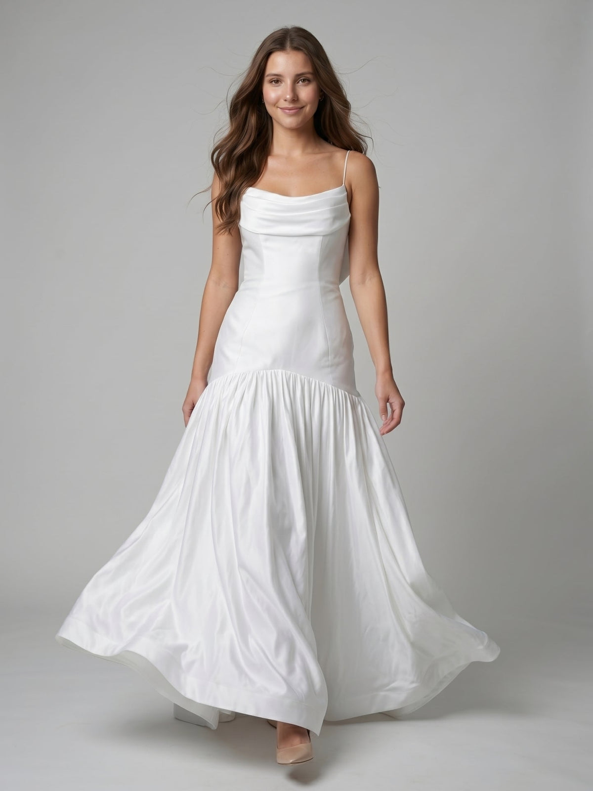 White Matte Satin Sheath Straight Neck Backless Floor-Length Bridesmaid Dress with Bow - Curvevia
