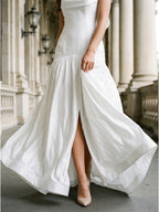 White Matte Satin Sheath Straight Neck Backless Floor-Length Bridesmaid Dress with Bow - Curvevia