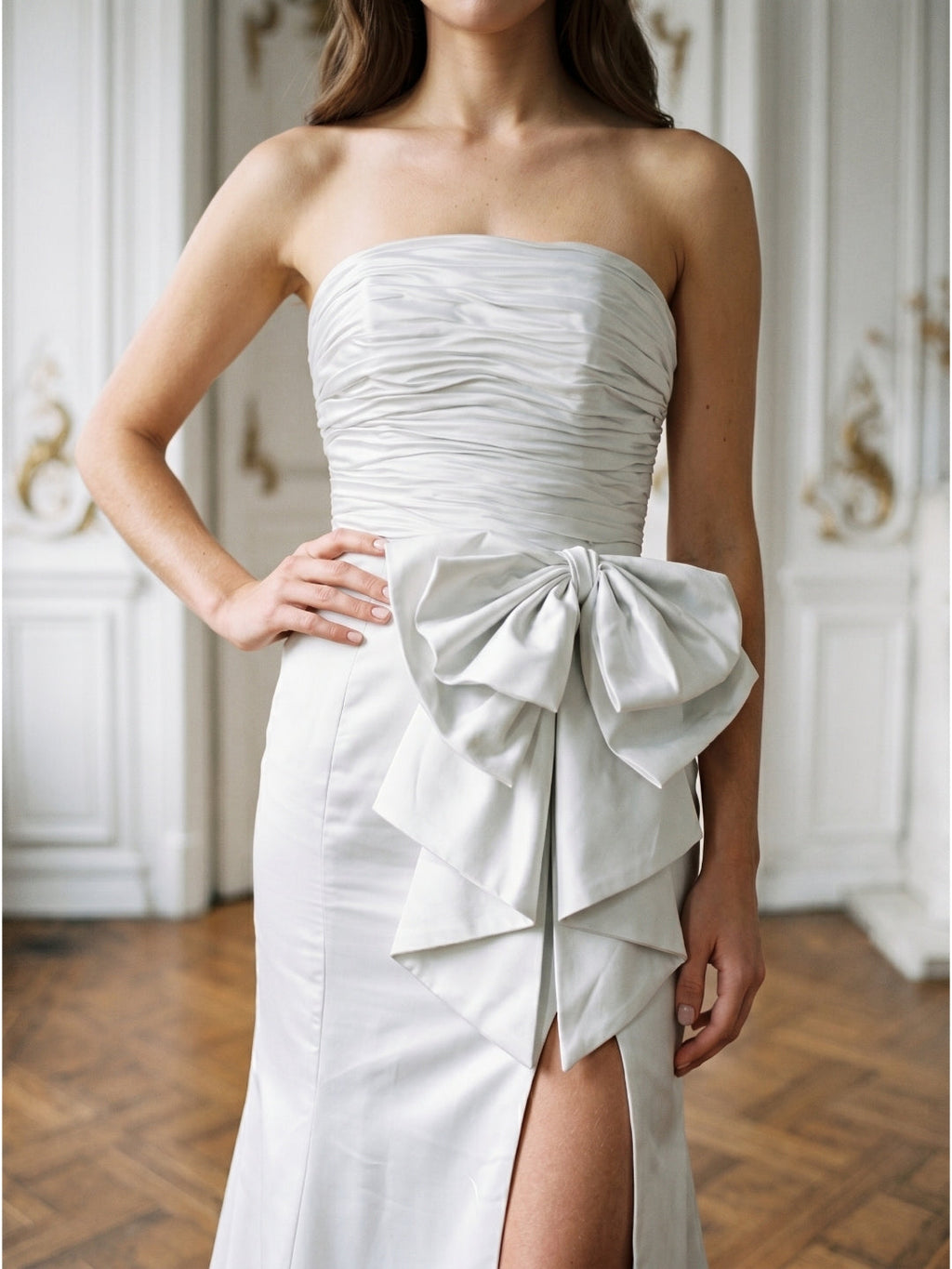 White Matte Satin Sheath Straight Neck Backless Floor-Length Bridesmaid Dress with Bow - Curvevia