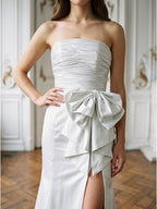 White Matte Satin Sheath Straight Neck Backless Floor-Length Bridesmaid Dress with Bow - Curvevia