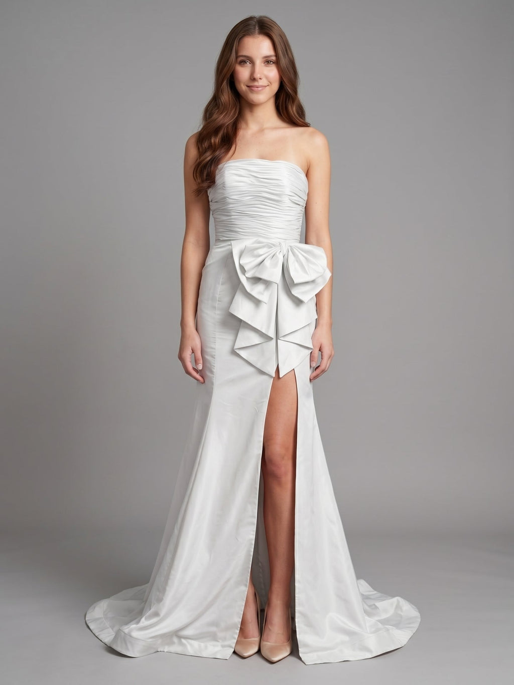 White Matte Satin Sheath Straight Neck Backless Floor-Length Bridesmaid Dress with Bow - Curvevia