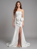 White Matte Satin Sheath Straight Neck Backless Floor-Length Bridesmaid Dress with Bow - Curvevia