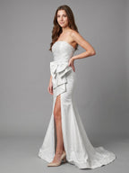 White Matte Satin Sheath Straight Neck Backless Floor-Length Bridesmaid Dress with Bow - Curvevia