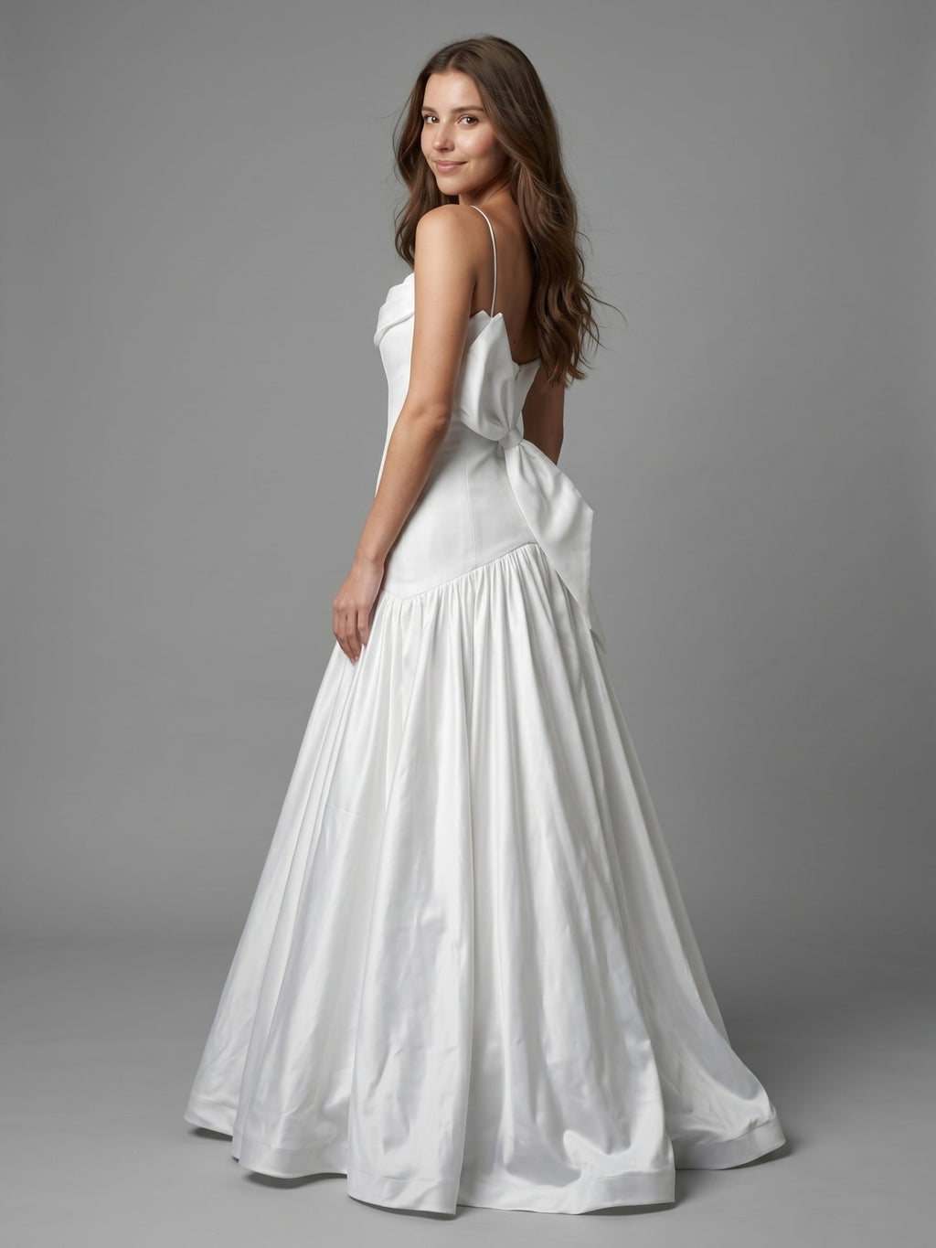 White Matte Satin Sheath Straight Neck Backless Floor-Length Bridesmaid Dress with Bow - Curvevia