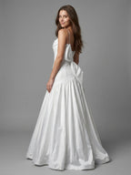 White Matte Satin Sheath Straight Neck Backless Floor-Length Bridesmaid Dress with Bow - Curvevia