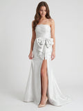 White Matte Satin Sheath Straight Neck Backless Floor-Length Bridesmaid Dress with Bow - Curvevia