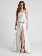 White Matte Satin Sheath Straight Neck Backless Floor-Length Bridesmaid Dress with Bow - Curvevia