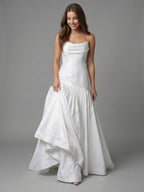 White Matte Satin Sheath Straight Neck Backless Floor-Length Bridesmaid Dress with Bow - Curvevia