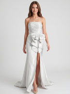 White Matte Satin Sheath Straight Neck Backless Floor-Length Bridesmaid Dress with Bow - Curvevia