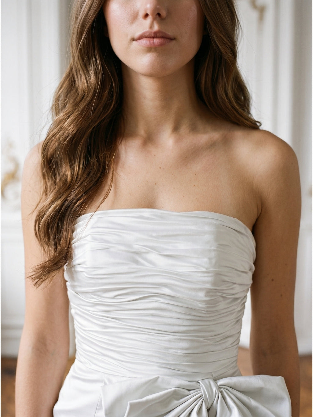 White Matte Satin Sheath Straight Neck Backless Floor-Length Bridesmaid Dress with Bow - Curvevia
