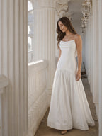 White Matte Satin Sheath Straight Neck Backless Floor-Length Bridesmaid Dress with Bow - Curvevia