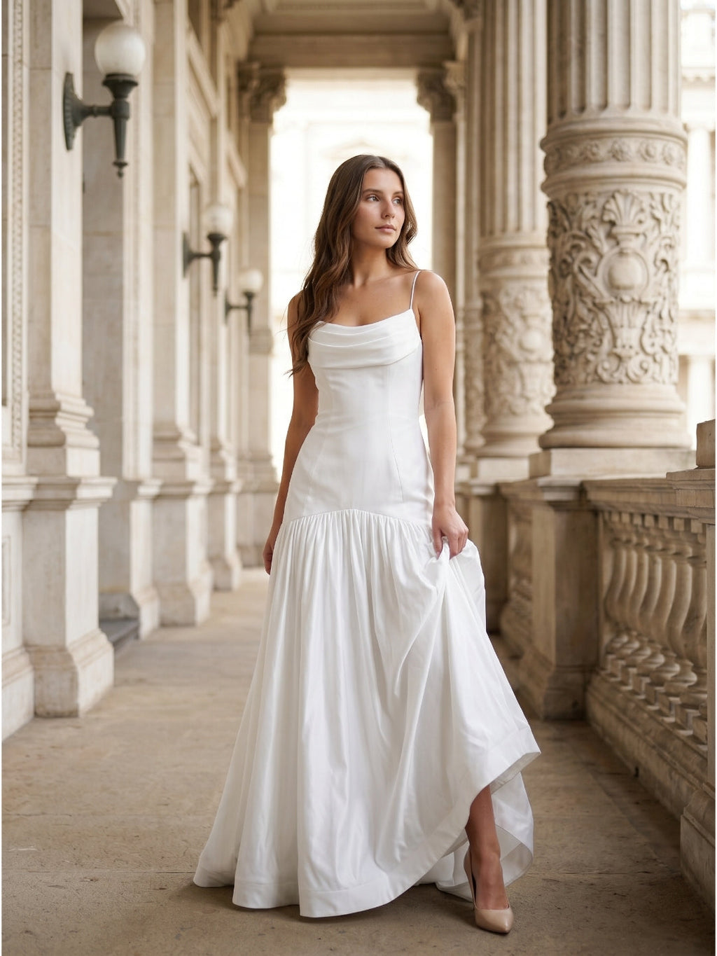 White Matte Satin Sheath Straight Neck Backless Floor-Length Bridesmaid Dress with Bow - Curvevia