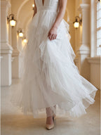 White Mesh Mermaid Cowl Neck Backless Floor-Length Bridesmaid Dress with Bow - Curvevia