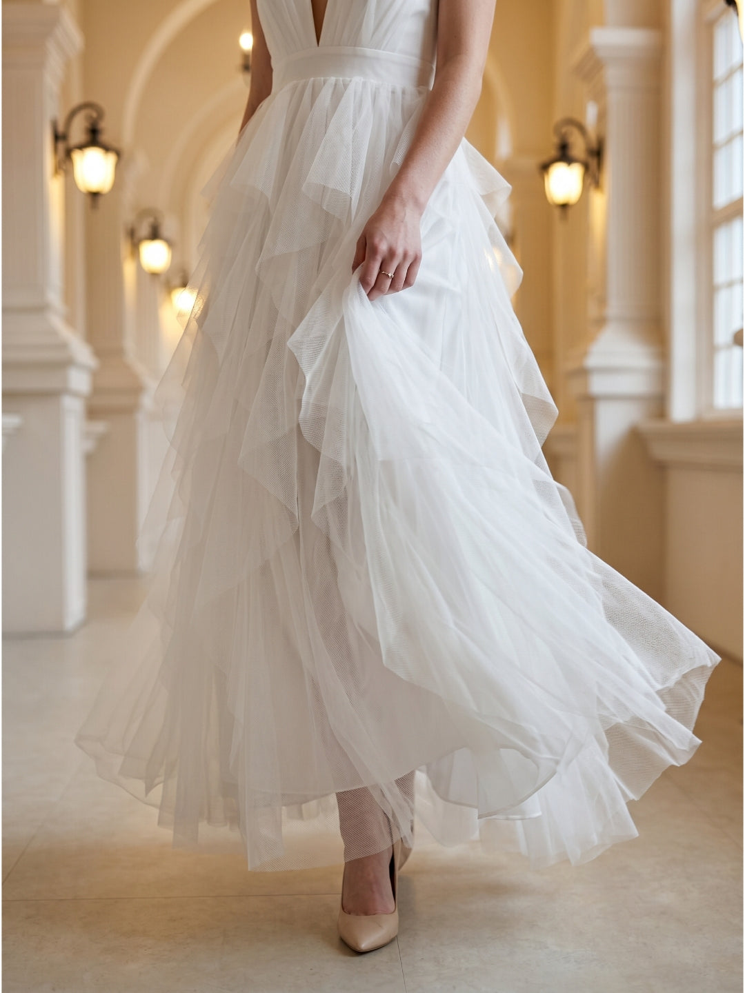 White Mesh Mermaid Cowl Neck Backless Floor-Length Bridesmaid Dress with Bow - Curvevia