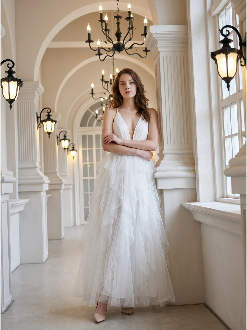 White Mesh Mermaid Cowl Neck Backless Floor-Length Bridesmaid Dress with Bow - Curvevia