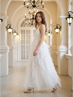 White Mesh Mermaid Cowl Neck Backless Floor-Length Bridesmaid Dress with Bow - Curvevia