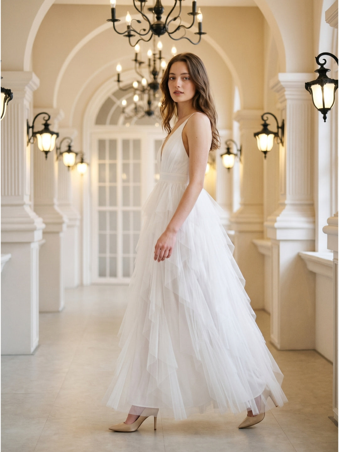 White Mesh Mermaid Cowl Neck Backless Floor-Length Bridesmaid Dress with Bow - Curvevia