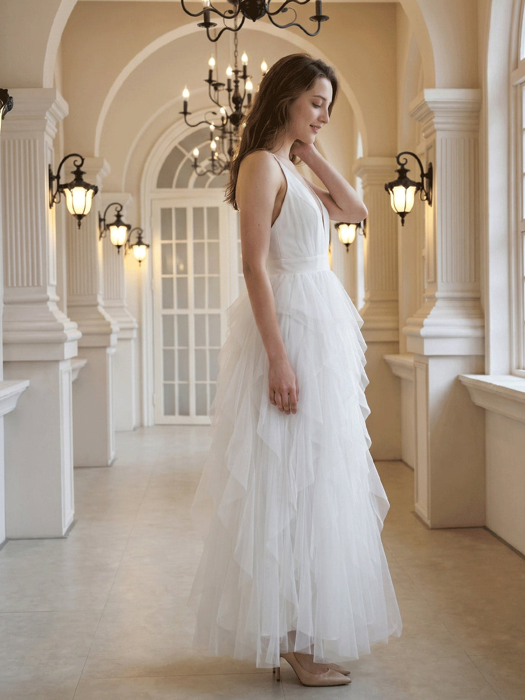 White Mesh Mermaid Cowl Neck Backless Floor-Length Bridesmaid Dress with Bow - Curvevia