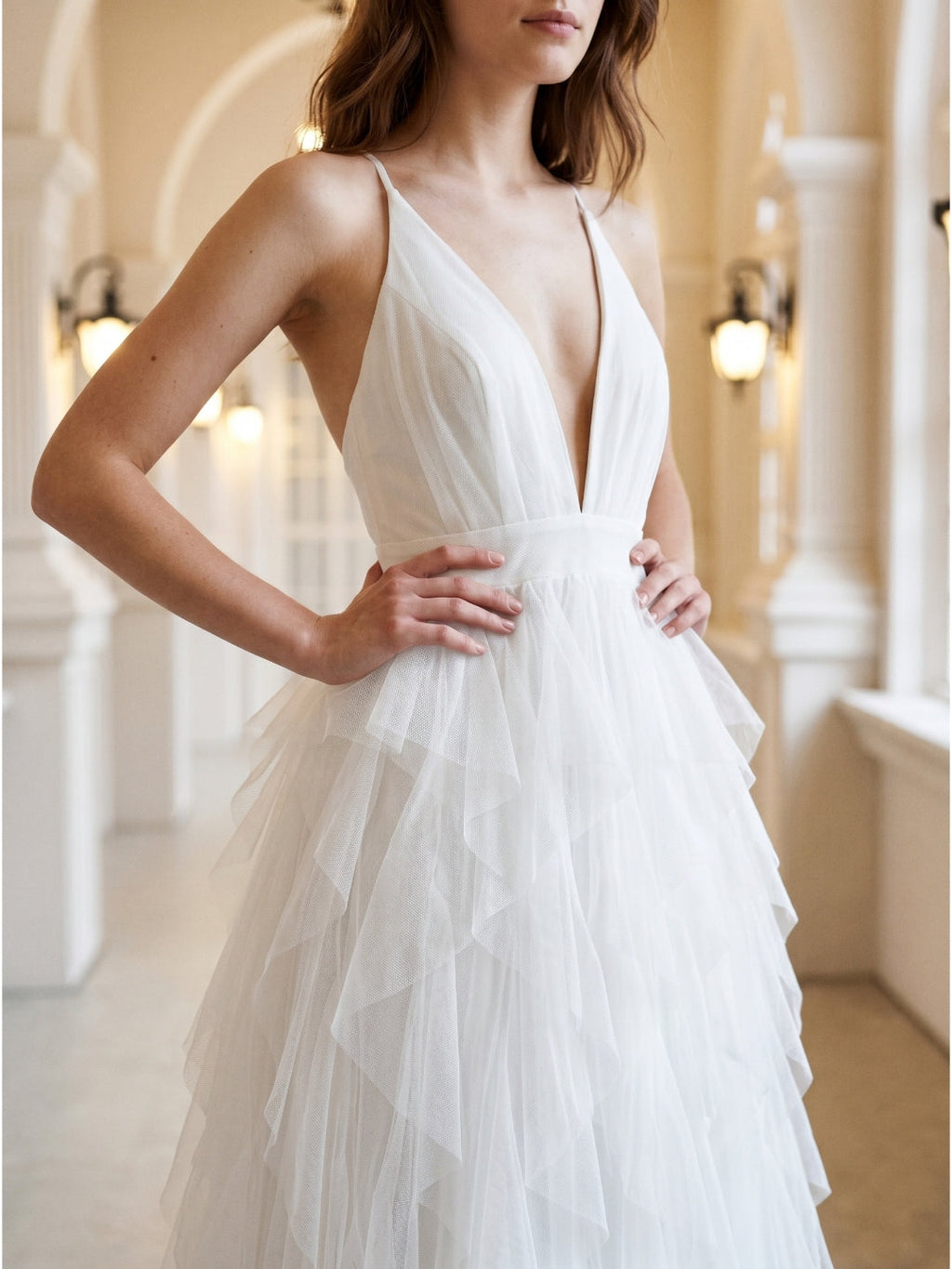 White Mesh Mermaid Cowl Neck Backless Floor-Length Bridesmaid Dress with Bow - Curvevia