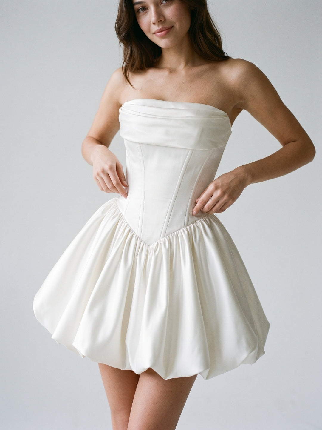 White Satin A-Line Cowl Neck Criss-Cross Straps Short Homecoming Dress with Pleating - Curvevia