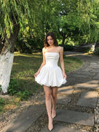 White Satin A-Line Cowl Neck Criss-Cross Straps Short Homecoming Dress with Pleating - Curvevia