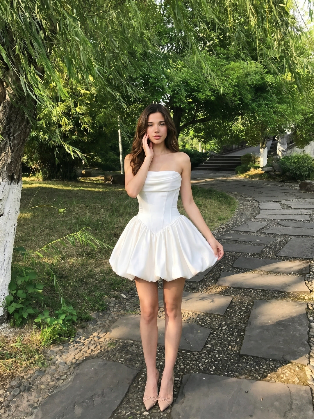 White Satin A-Line Cowl Neck Criss-Cross Straps Short Homecoming Dress with Pleating - Curvevia