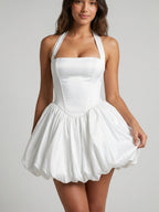 White Satin A-Line Halter Neckline Criss-Cross Straps Short Homecoming Dress with Pleating - Curvevia