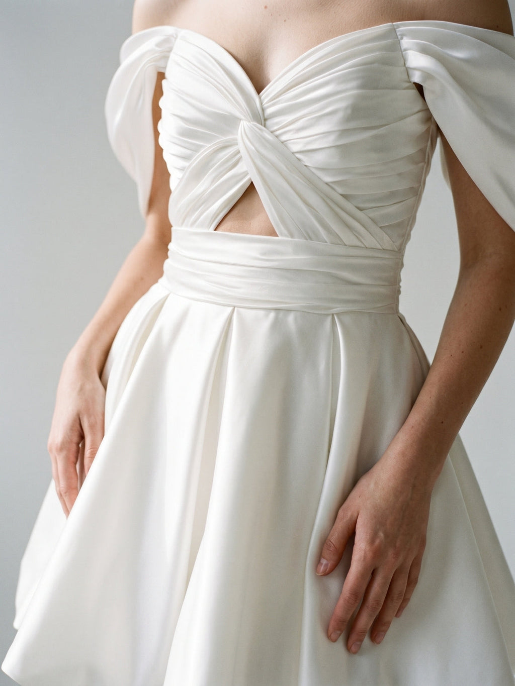White Satin A-Line Off-the-Shoulder Backless Short Homecoming Dress with Pleating - Curvevia