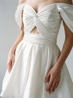 White Satin A-Line Off-the-Shoulder Backless Short Homecoming Dress with Pleating - Curvevia