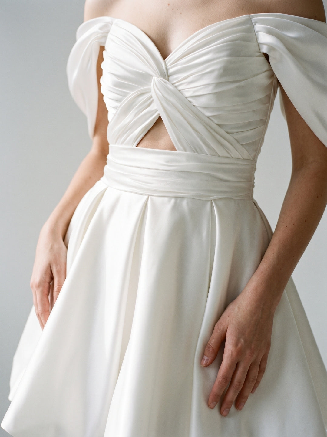 White Satin A-Line Off-the-Shoulder Backless Short Homecoming Dress with Pleating - Curvevia