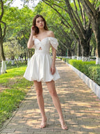 White Satin A-Line Off-the-Shoulder Backless Short Homecoming Dress with Pleating - Curvevia