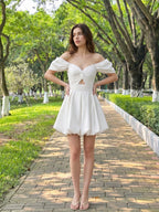 White Satin A-Line Off-the-Shoulder Backless Short Homecoming Dress with Pleating - Curvevia