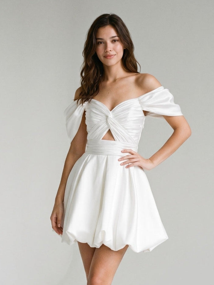 White Satin A-Line Off-the-Shoulder Backless Short Homecoming Dress with Pleating - Curvevia